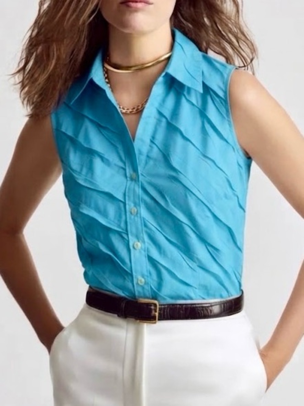 Vintage Y2K Lafayette 148 NY Blue Textured Pleated Sleeveless Shirt Petite 2 2P